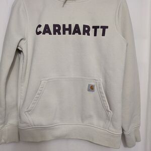 Carhartt Hoodie Womens Small Relaxed Fit Cream Logo Pullover Sweatshirt